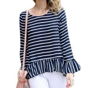Navy Blue White Striped Bell-sleeve Blouse Size Medium